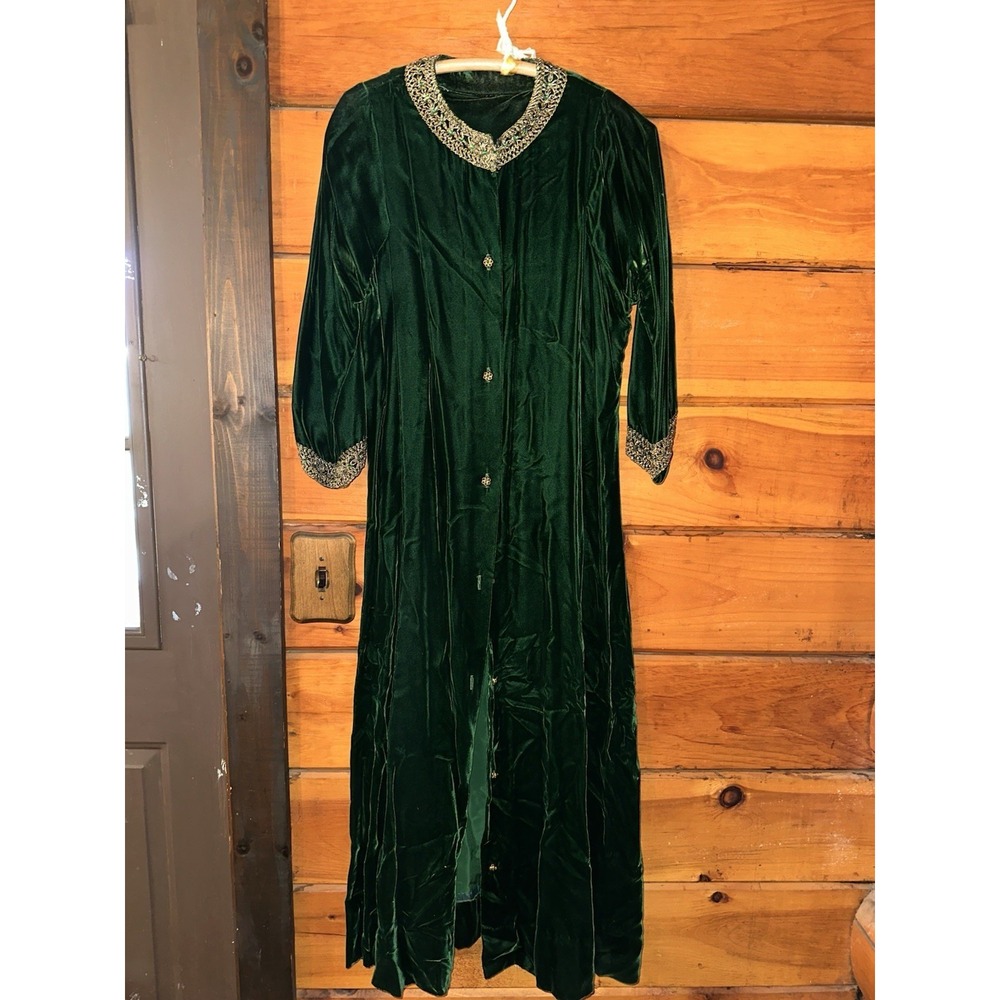 Vtg 60's Diana Dean By Julius Lonschein Velvet Dress M Emerald Jeweled Gold Trim